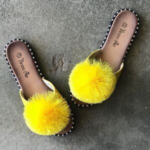 Italina Yellow Pom Pom Silver Stud Slide-In Mule Sandal